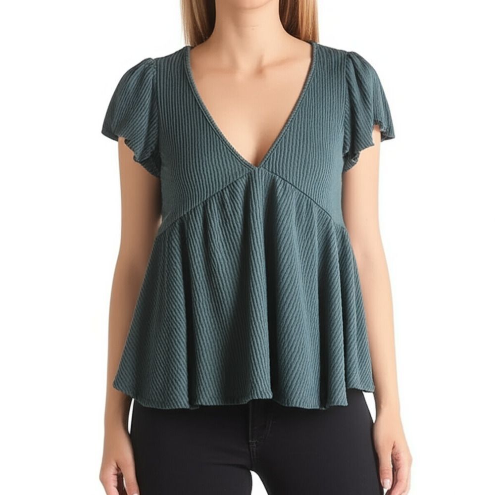 Blue Rain Top Womens Size L Dark Teal Ribbed Puff Sleeve Peplum Flowy Casual